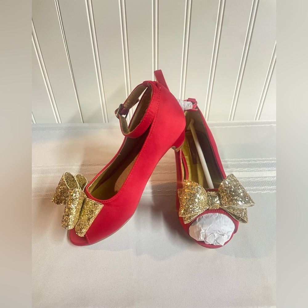 Joyfolie Valerie Pump Heel Ankle Strap Red Satin Glitter Bow Girls Sz 13 - Picture 6 of 9